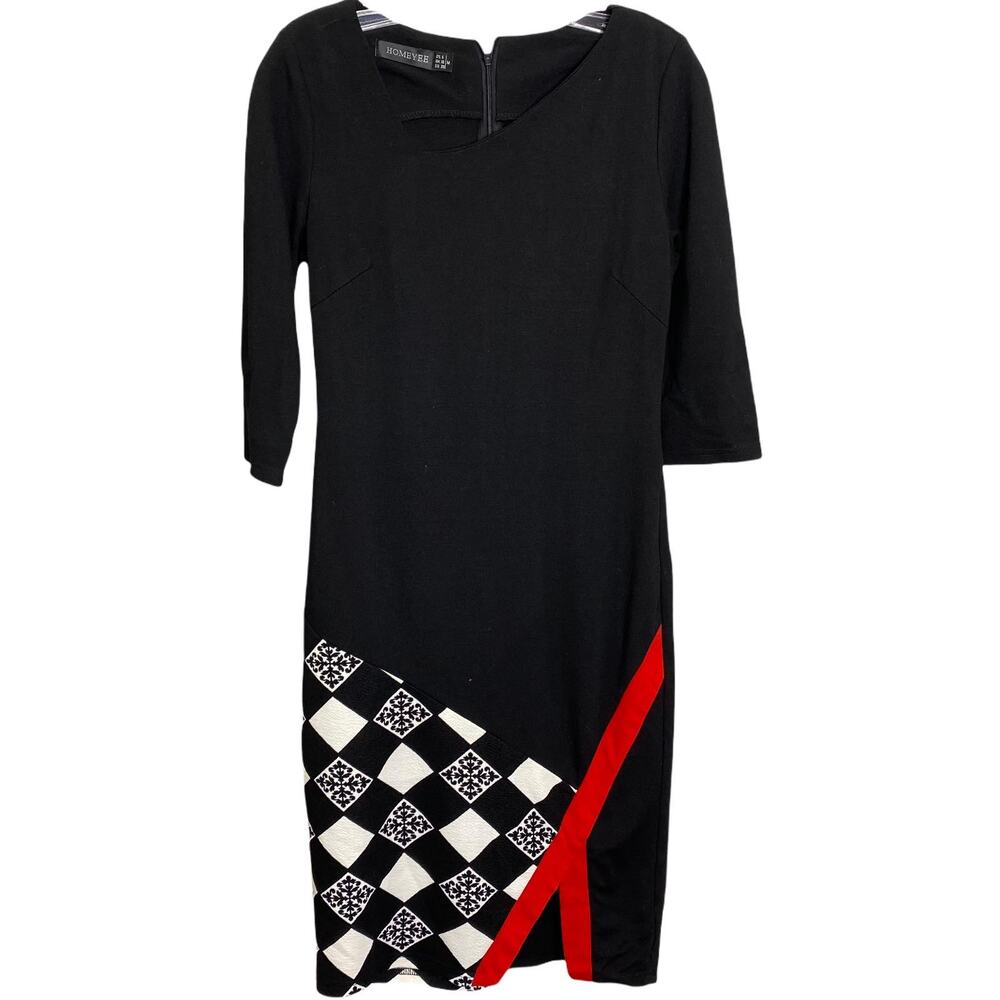 HOMEYEE Women's Cocktail Patchwork Geometric Midi Career‎ Geo Dress Black 6